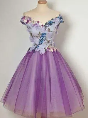 A-line Off-the-shoulder 3D Floral Short Prom Dress Lilac Homecoming Dress kts082