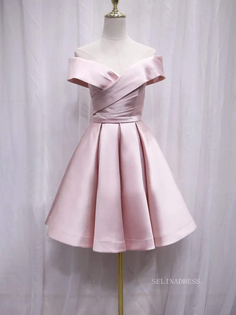 A-line Off-the-shoulder Pink Cute Homecoming Dress Satin Short Prom Dresses EDS021