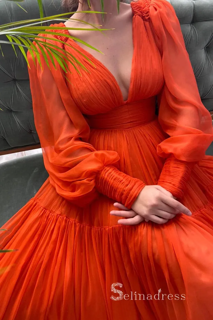 A-line Orange Chiffon V neck Long Prom Dress With Long Sleeve Cheap Evening Gowns POL013