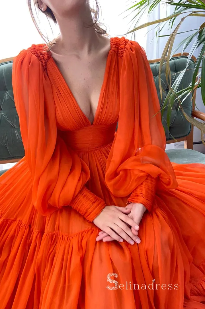 A-line Orange Chiffon V neck Long Prom Dress With Long Sleeve Cheap Evening Gowns POL013