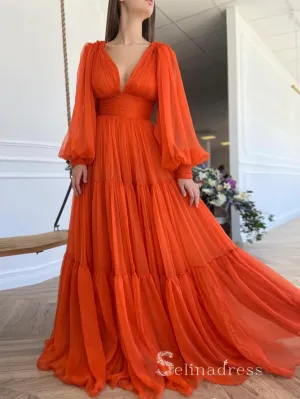 A-line Orange Chiffon V neck Long Prom Dress With Long Sleeve Cheap Evening Gowns POL013