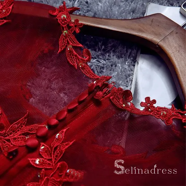A-Line Scoop Burgundy Applique Lace Short Prom Dress Homecoming Dress MHL051