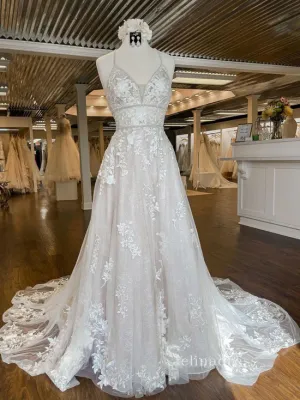 A-line Spaghetti Straps Lace Wedding Dress Embroidery Formal Dress cbd499
