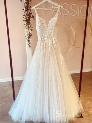 A-line Spaghetti Straps Rustic Lace Beaded Wedding Dresses White Bridal Gowns MSL2811