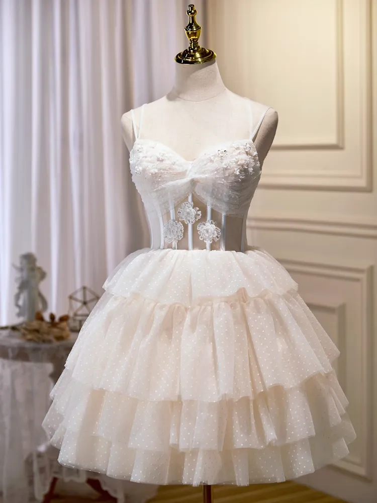 A-line Spaghetti Straps Sweetheart White Short Prom Dress Juniors Cute Homecoming Dresses KTS003
