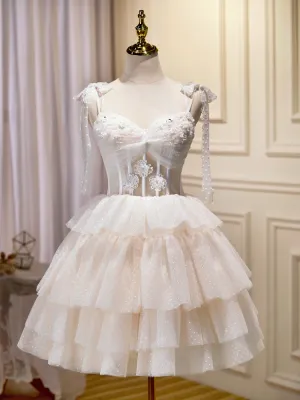 A-line Spaghetti Straps Sweetheart White Short Prom Dress Juniors Cute Homecoming Dresses KTS003