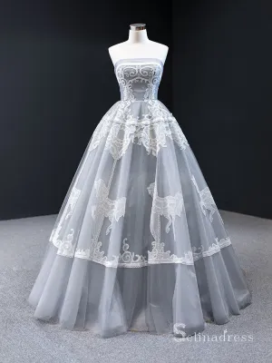 A-line Strapless Gray Long Prom Dress Applique Evening Gowns GRB291
