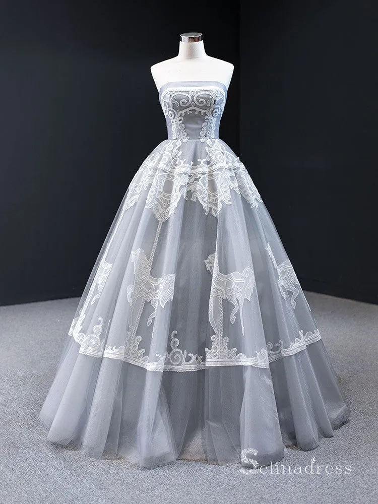 A-line Strapless Gray Long Prom Dress Applique Evening Gowns GRB291