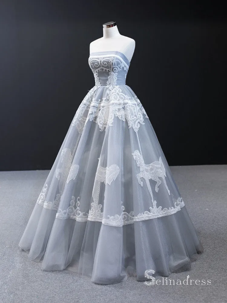 A-line Strapless Gray Long Prom Dress Applique Evening Gowns GRB291
