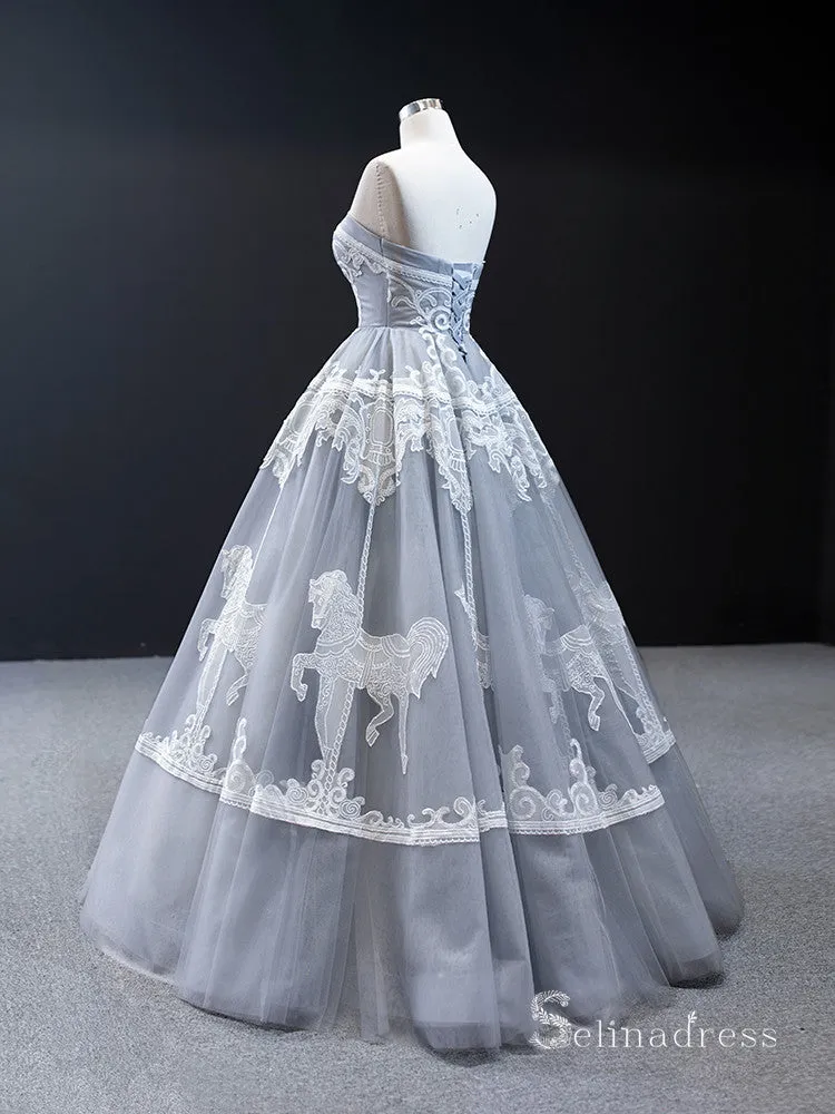 A-line Strapless Gray Long Prom Dress Applique Evening Gowns GRB291