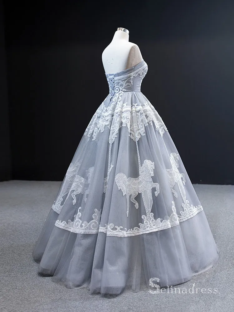 A-line Strapless Gray Long Prom Dress Applique Evening Gowns GRB291