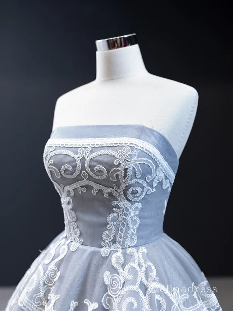 A-line Strapless Gray Long Prom Dress Applique Evening Gowns GRB291