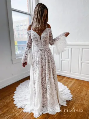 A-line Straps Boho V neck Lace Wedding Dresses Long Sleeve Wedding CBD485