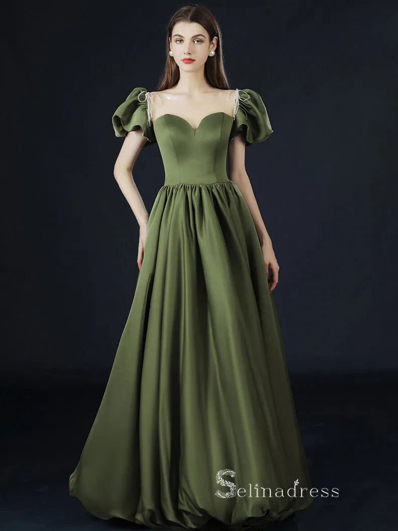 A-line Straps Short Sleeve Long Prom Dress With Pocket Satin Evening Dresses GKF021