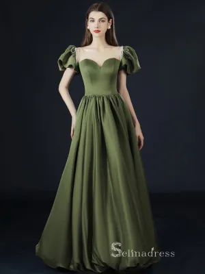 A-line Straps Short Sleeve Long Prom Dress With Pocket Satin Evening Dresses GKF021