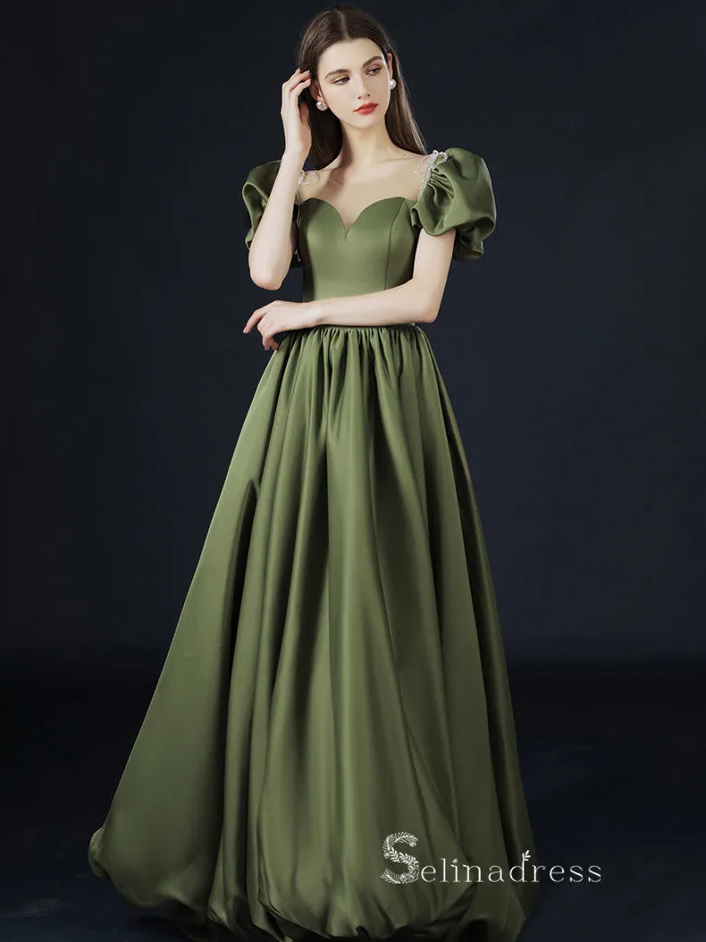 A-line Straps Short Sleeve Long Prom Dress With Pocket Satin Evening Dresses GKF021