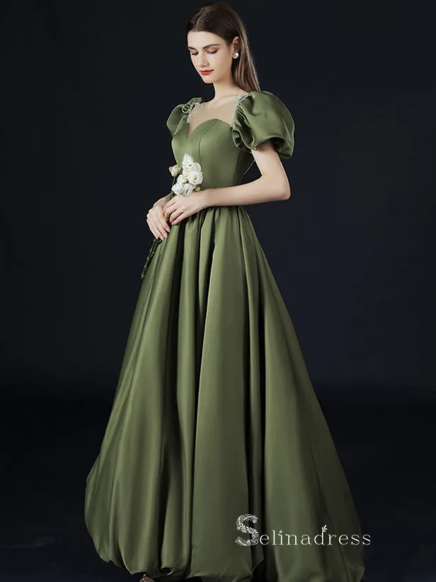 A-line Straps Short Sleeve Long Prom Dress With Pocket Satin Evening Dresses GKF021