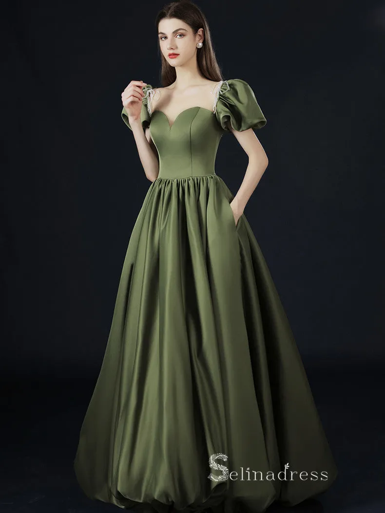 A-line Straps Short Sleeve Long Prom Dress With Pocket Satin Evening Dresses GKF021