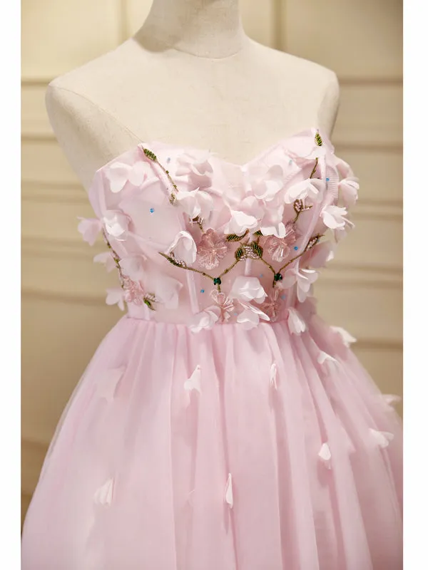 A-line Sweetheart Pink Homecoming Dress Cute Graduation Dress Floral Short Prom Dress KTS018