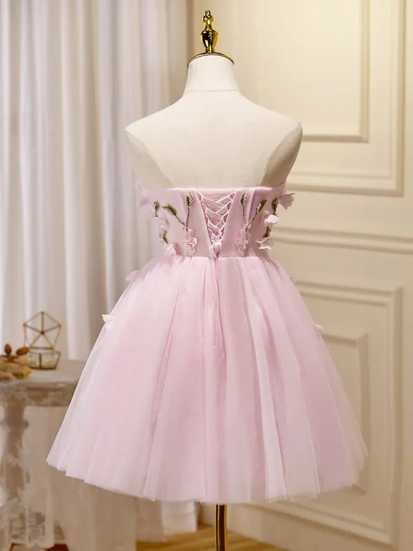 A-line Sweetheart Pink Homecoming Dress Cute Graduation Dress Floral Short Prom Dress KTS018