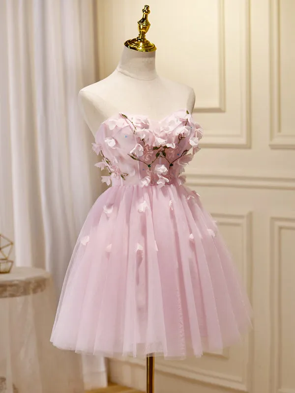 A-line Sweetheart Pink Homecoming Dress Cute Graduation Dress Floral Short Prom Dress KTS018
