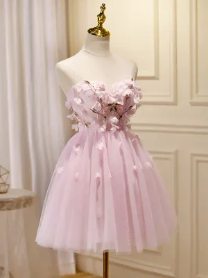 A-line Sweetheart Pink Homecoming Dress Cute Graduation Dress Floral Short Prom Dress KTS018