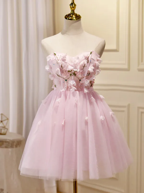 A-line Sweetheart Pink Homecoming Dress Cute Graduation Dress Floral Short Prom Dress KTS018