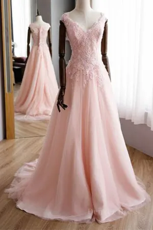 A Line V Neck Pink Lace Long Prom Dresses Pink Lace Formal Graduation Evening Dresses