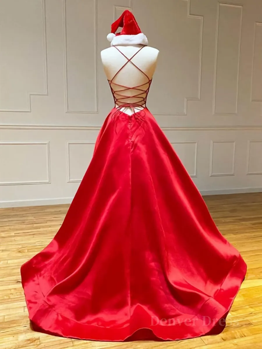 A Line V Neck Red Backless Prom Dresses Red Backless Long Formal Evening Graduation Dresses