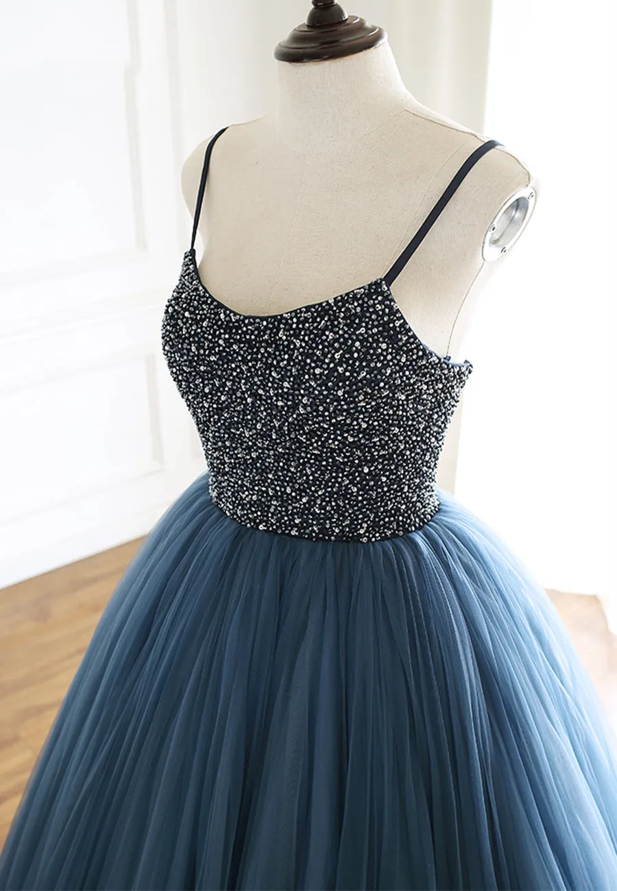 Blue Tulle Long Prom Dresses A-Line Evening Dresses with Beading