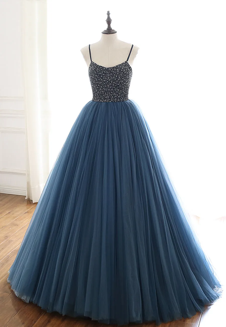 Blue Tulle Long Prom Dresses A-Line Evening Dresses with Beading
