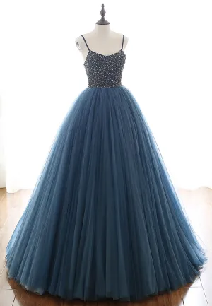 Blue Tulle Long Prom Dresses A-Line Evening Dresses with Beading