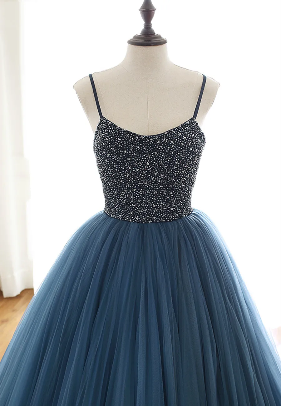 Blue Tulle Long Prom Dresses A-Line Evening Dresses with Beading