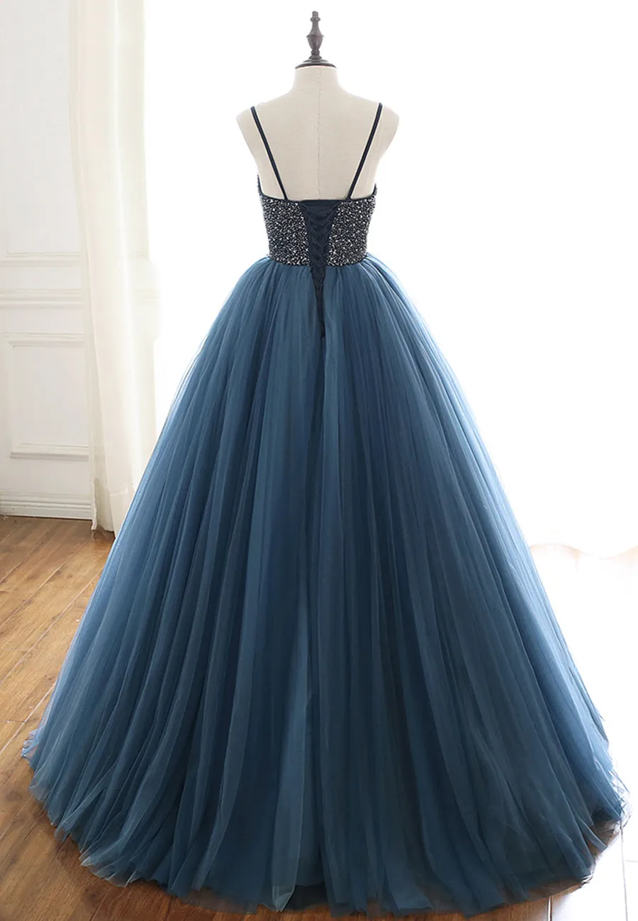 Blue Tulle Long Prom Dresses A-Line Evening Dresses with Beading