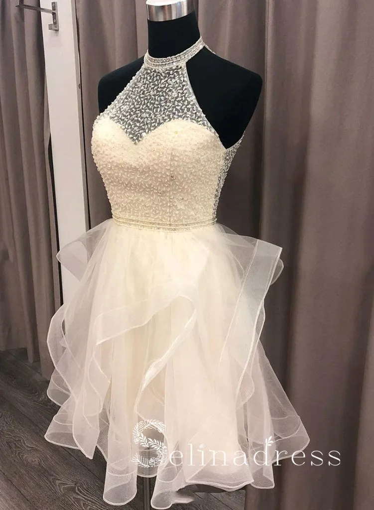 Champagne Tulle Crystal Homecoming Dress Short Prom Dress MHL029