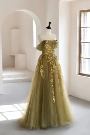 Green Tulle Long Prom Dresses A-Line Off the Shoulder Evening Dresses
