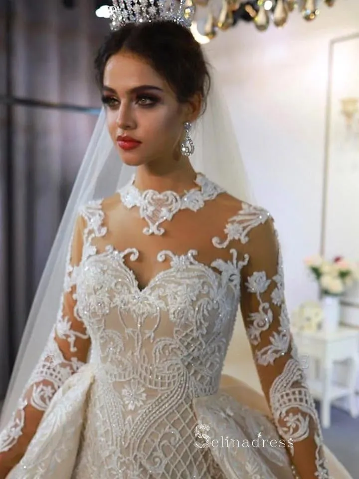 High Neck Detachable Train Mermaid Wedding Dresses With Long Sleeve Bridal Gowns CBD392