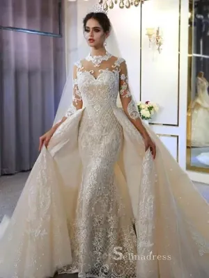 High Neck Detachable Train Mermaid Wedding Dresses With Long Sleeve Bridal Gowns CBD392
