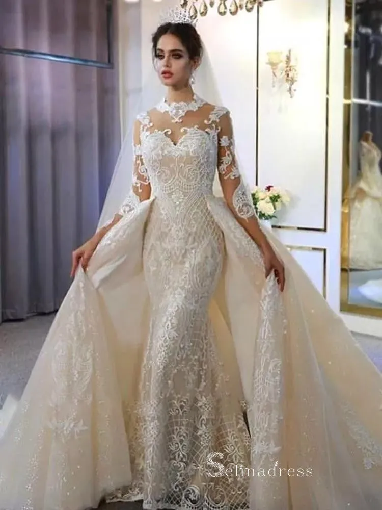 High Neck Detachable Train Mermaid Wedding Dresses With Long Sleeve Bridal Gowns CBD392