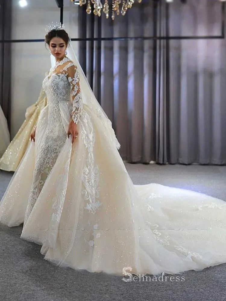 High Neck Detachable Train Mermaid Wedding Dresses With Long Sleeve Bridal Gowns CBD392