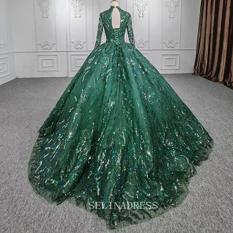 High Neck Long Sleeve Muslim Long PromDress Full Sleeve Sequined Ball Gown Evening Dress DY1108
