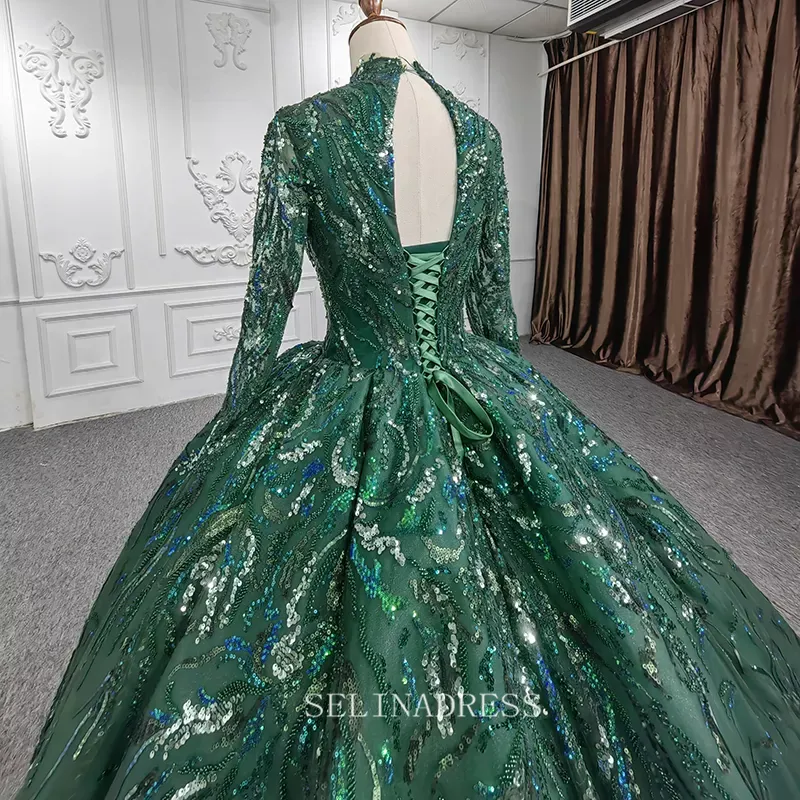 High Neck Long Sleeve Muslim Long PromDress Full Sleeve Sequined Ball Gown Evening Dress DY1108