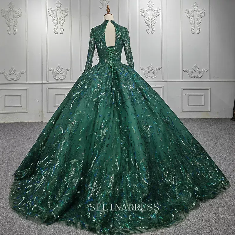 High Neck Long Sleeve Muslim Long PromDress Full Sleeve Sequined Ball Gown Evening Dress DY1108