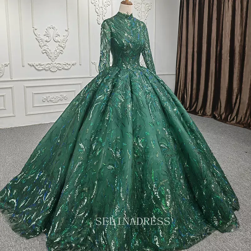 High Neck Long Sleeve Muslim Long PromDress Full Sleeve Sequined Ball Gown Evening Dress DY1108
