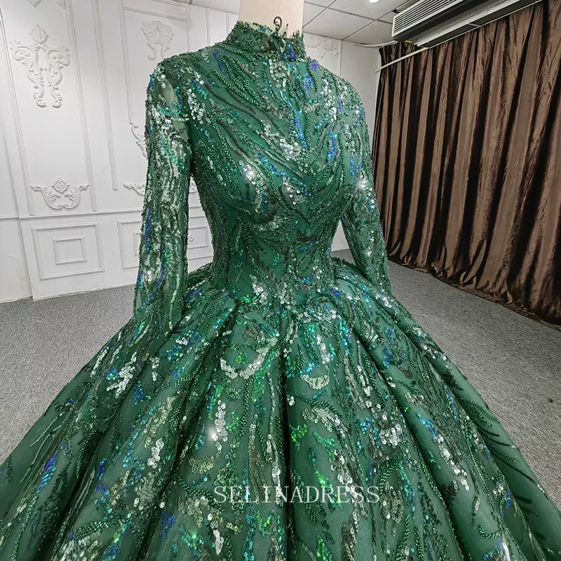 High Neck Long Sleeve Muslim Long PromDress Full Sleeve Sequined Ball Gown Evening Dress DY1108