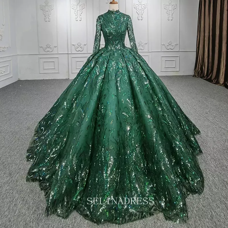 High Neck Long Sleeve Muslim Long PromDress Full Sleeve Sequined Ball Gown Evening Dress DY1108