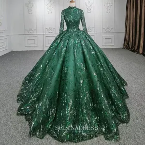 High Neck Long Sleeve Muslim Long PromDress Full Sleeve Sequined Ball Gown Evening Dress DY1108