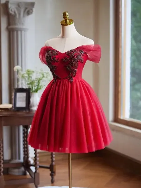 Lovely Red Short Prom Dress Off-the-shoulder Homecoming Dresses Cocktail Dress #TKL2008