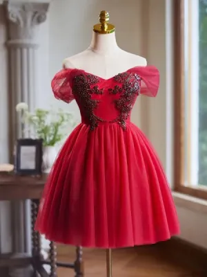 Lovely Red Short Prom Dress Off-the-shoulder Homecoming Dresses Cocktail Dress #TKL2008