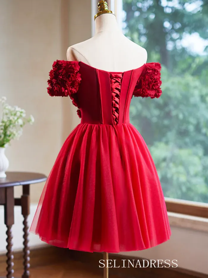 Lovely Red Short Prom Dress Off-the-shoulder Homecoming Dresses Cocktail Dress #TKL2008